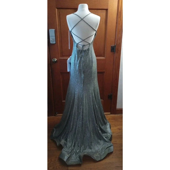 Ieena for Mac Duggal Womens Sz 4 Lace-Up Trumpet Formal Prom Dress Gown Silver - Picture 2 of 11